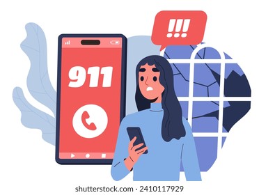 Girl calls 911 concept. Woman with smartphone and mobile phone. Young girl in emergency calls ambulance, firefighters or police. Cartoon flat vector illustration isolated on white background