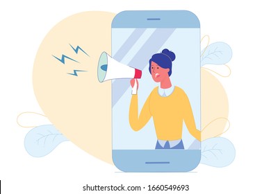 Girl Calls out her Followers Bring Friends, Banner. Girl Encourages Subscribers Send Message to their Friends Increase Audience. She Holds Megaphone and Speaks Loudly from Large Smartphone.