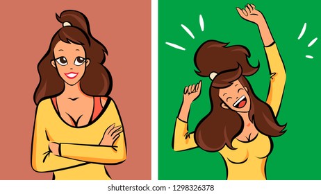 Girl calm then very happy, vector illustration
