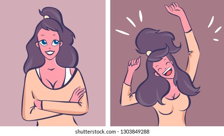 Girl calm then very happy, vector illustration.