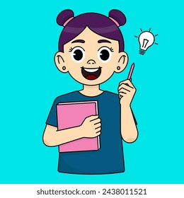 The girl came up with a great idea and she raises her hand with a pen, a light bulb appears next to it, and holds a notebook