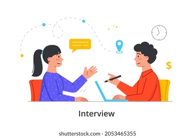 Girl Came For Interview. HR Man Interviewing Potential Employees, Defining Professional Skills. Checking Employees, Communication. Cartoon Flat Vector Illustration Isolated On White Background