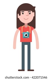 A girl with camera. Coloured flat vector illustration isolated on whute background
