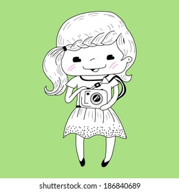 Girl with camera in doodle style.Vector illustration.