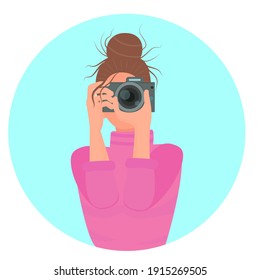 Girl with a camera in her hands. Vector, girl makes a photo. Taking pictures, the photographer is working. Concept, cartoon.