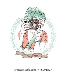 Girl with a camera in leaves frame. Vector illustration.