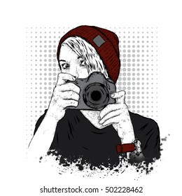 The girl with the camera. Vector illustration for a card or poster. Print on clothes. Fashion & Style.