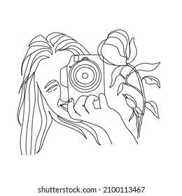 Girl with a camera vector line drawing. Fine One Line Vector Art Drawing, Modern GalleryWall, Abstract Wall Art Print Set, Woman Silhouette Botanical theme for print.Modern continuous line art.