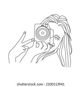 Girl with a camera vector line drawing. Fine One Line Vector Art Drawing, Modern GalleryWall, Abstract Wall Art Print Set, Woman Silhouette Botanical theme for print.Modern continuous line art.