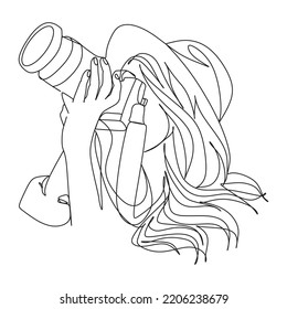 Niña con un dibujo de la línea vector de la cámara. Dibujo de arte vectorial de una línea fina, galería modernaPared, juego de impresión de arte abstracto de pared, tema botánico de la silueta de mujer para la impresión.Arte de línea continua moderno.