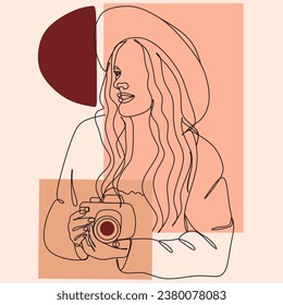 Girl with a camera vector line drawing.