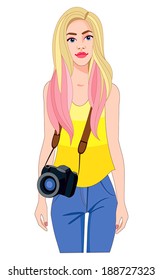 Girl with the camera. Young beautiful woman holding a camera. Teenager. school, pink hair, popular culture.