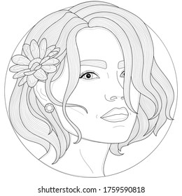 
Girl with a camomile behind her ear.Coloring book antistress for children and adults. Illustration isolated on white background.Black and white drawing.Zen-tangle style.