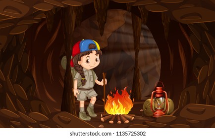 A girl camping in the dark cave illustration