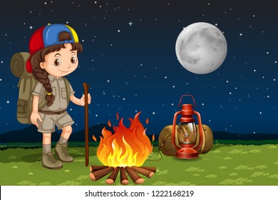 A girl camping at night illustration