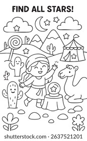 A girl can be seen standing right next to a camel, and this illustration is featured on a coloring page that invites creativity