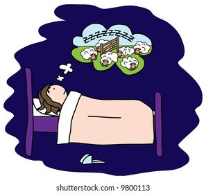 Girl can not sleep, so she tries counting sheep, but they are all asleep