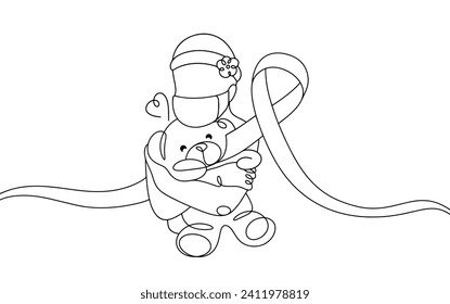 A girl with cancer hugs a toy. A girl without hair due to chemotherapy treatment. Helping sick children. Ribbon against cancer.Images produced without the use of any form of AI software at any stage. 