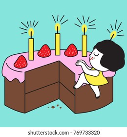 Girl With Candle Light On Head Climbing To Birthday Cake. Concept Of Birthday Celebration Card Character illustration