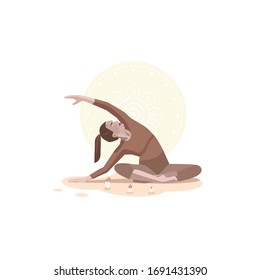 Girl in the candlelight sitting in yoga pose, fitness woman character, vector illustration in trendy style