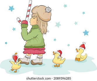 Girl with a candy cane leads small cute ducks with red hats vector illustration isolated on white