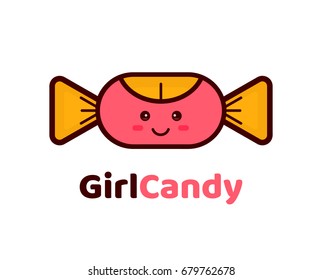 Girl candy logo design creative concept. Vector modern line outline flat style cartoon character illustration icon. Isolated on white background