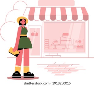 The girl at the candy store. The facade of a sweet shop. Vector illustration.