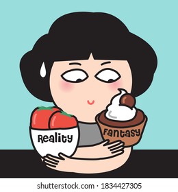 A Girl Cannot Decide Between Reality And Fantacy Food Concept Card Character illustration