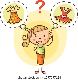Girl cannot decide which dress to choose, colorful illustration