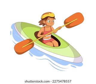 Girl canoeing concept. Adorable child in yellow protective helmet with oar in river or ocean on kayak. Active lifestyle and extreme sports. Cartoon flat vector illustration