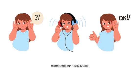 The girl can't hear anything. The child is wearing headphones and taking a hearing test. The girl has been healed, she can hear again.Vector flat illustration.Hearing exam for children.