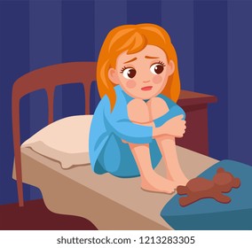 Girl can't sleep. girl sits on bed and worries. insomnia. sleep disorder