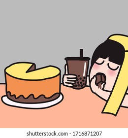 Girl Can't Stop Her Emotional Eating During Global Pandemic Virus Crisis Lockdown. Quaranine Over Eating. Binge Eating Disorder Concept Card Character illustration