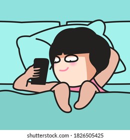 Girl Can't Stop Watching The Phone While Lying In Bed At Night. Mobile Phone Addiction Character illustration Concept for Card.