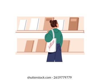 Girl with canvas bag looks at row of paper books on shelf in bookstore back view. Woman, student chooses textbook for reading on bookshelf in store, library. Flat isolated vector illustration on white