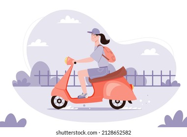 Girl in cap and backpack rides on vintage red scooter. Young woman enjoy trip. Vector flat illustration