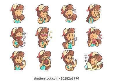 Girl In Cap, Choker And Blue Top Collection Of Hand Drawn Emoji Cool Outlined Portraits