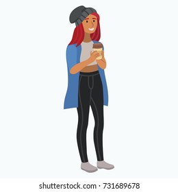 girl in a cap with coffee