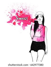 A girl in a cap with an electronic cigarette