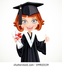 Girl in cap and gown graduate holding a scroll diploma