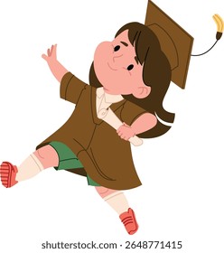 A girl in a cap and gown joyfully holding a diploma in cartoon style. The young graduate is depicted with a happy expression and dynamic pose. Cartoon vector illustration.