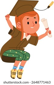 A girl in a cap and gown jumps with a diploma in hand, drawn in a playful cartoon style. The character exudes excitement and achievement, showcasing her academic success. Cartoon vector illustration.