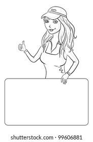 Girl in a cap holding a poster for your text and shows the thumb, contour. Vector illustration