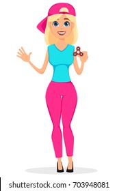 Girl in cap holding spinner. Cute cartoon character. Vector illustration.
