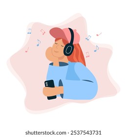 A girl in a cap listens to music with wireless headphones. Flat vector illustration on a white background