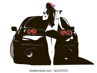 Girl in cap near a black car