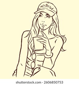 A girl in cap posing with a water glass vector for card, decoration, illustration