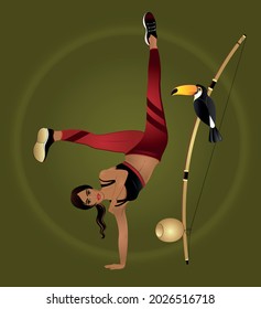 Girl in Capoeira-Bewegung, Berimbau und Toucan