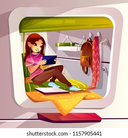 Girl in capsule hotel vector illustration of traveler young woman in pod hostel chatting on smartphone or watching internet tablet. Room interior of bed, shelf and clothes hanger or window
