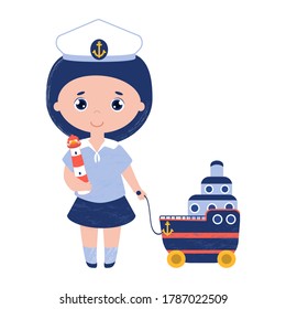 Girl in the captain cap with the toy lighthouse and cruise liner on wheels. Vector child in the sailor dress. Isolated illustration on white background.